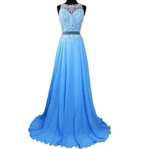 SHEER Embroidery Mock Two Piece Rhinestones Beaded Long Evening Gown prom dress